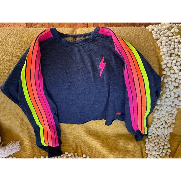 RaRe AVIATOR NATION 🌈NeON rainbow “Bolt” Embroidered Sweatshirt Navy M - Picture 1 of 10